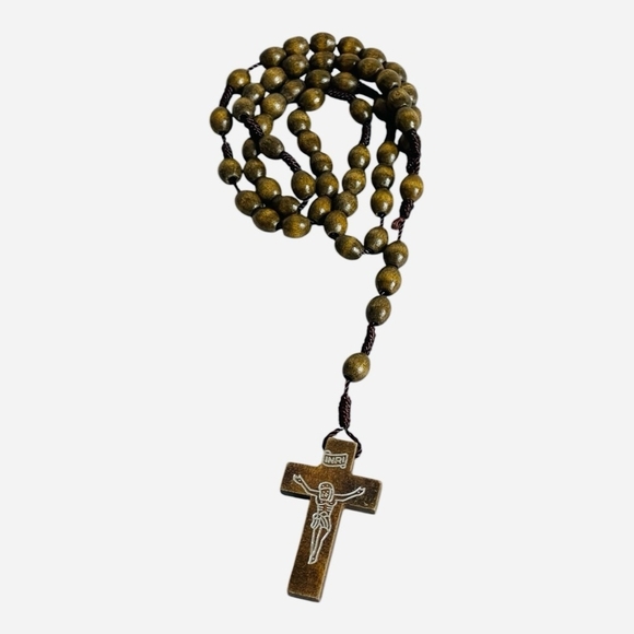 Catholic Rosary Brown Wood Beaded Rosary Necklace Inri Cross Crucifix Rosary - Picture 2 of 7